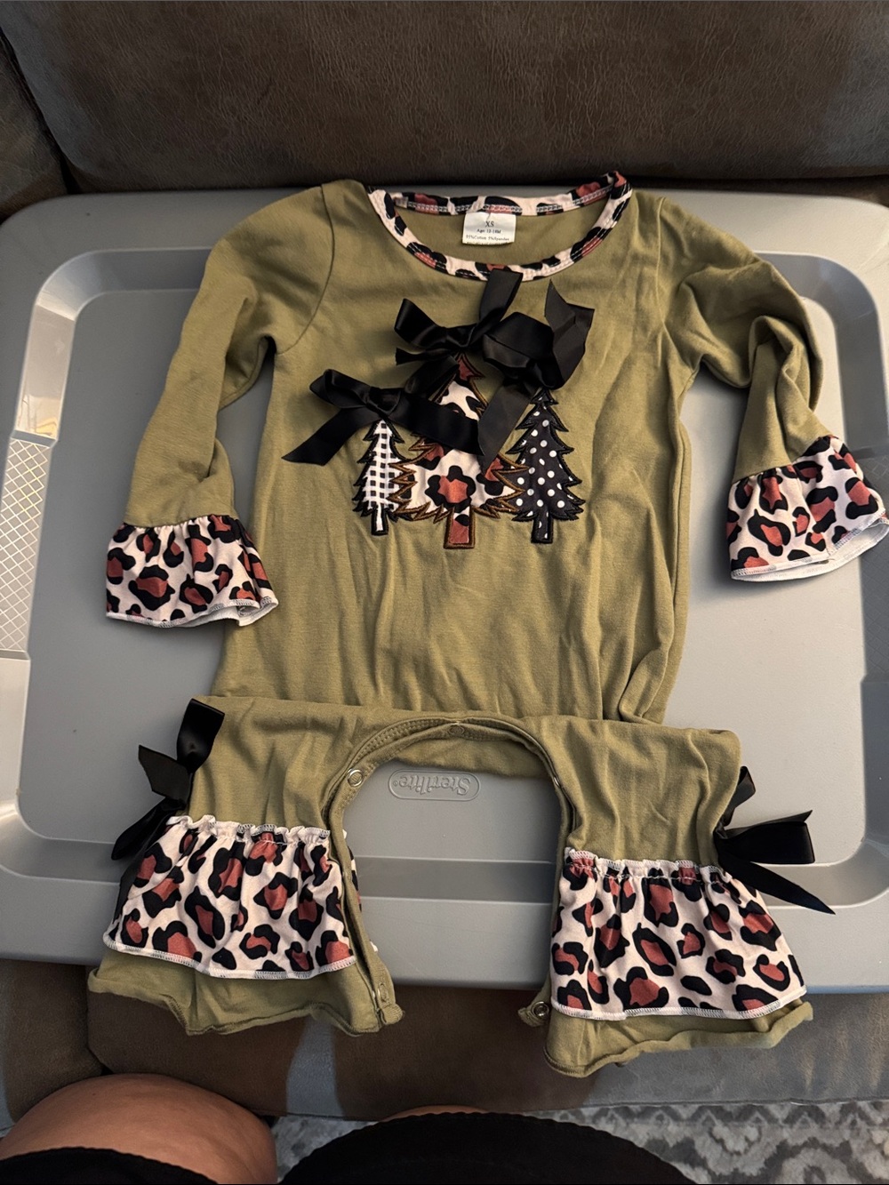 Olive Green Ruffle Bodysuit with Leopard Trim and Tree Appliqués